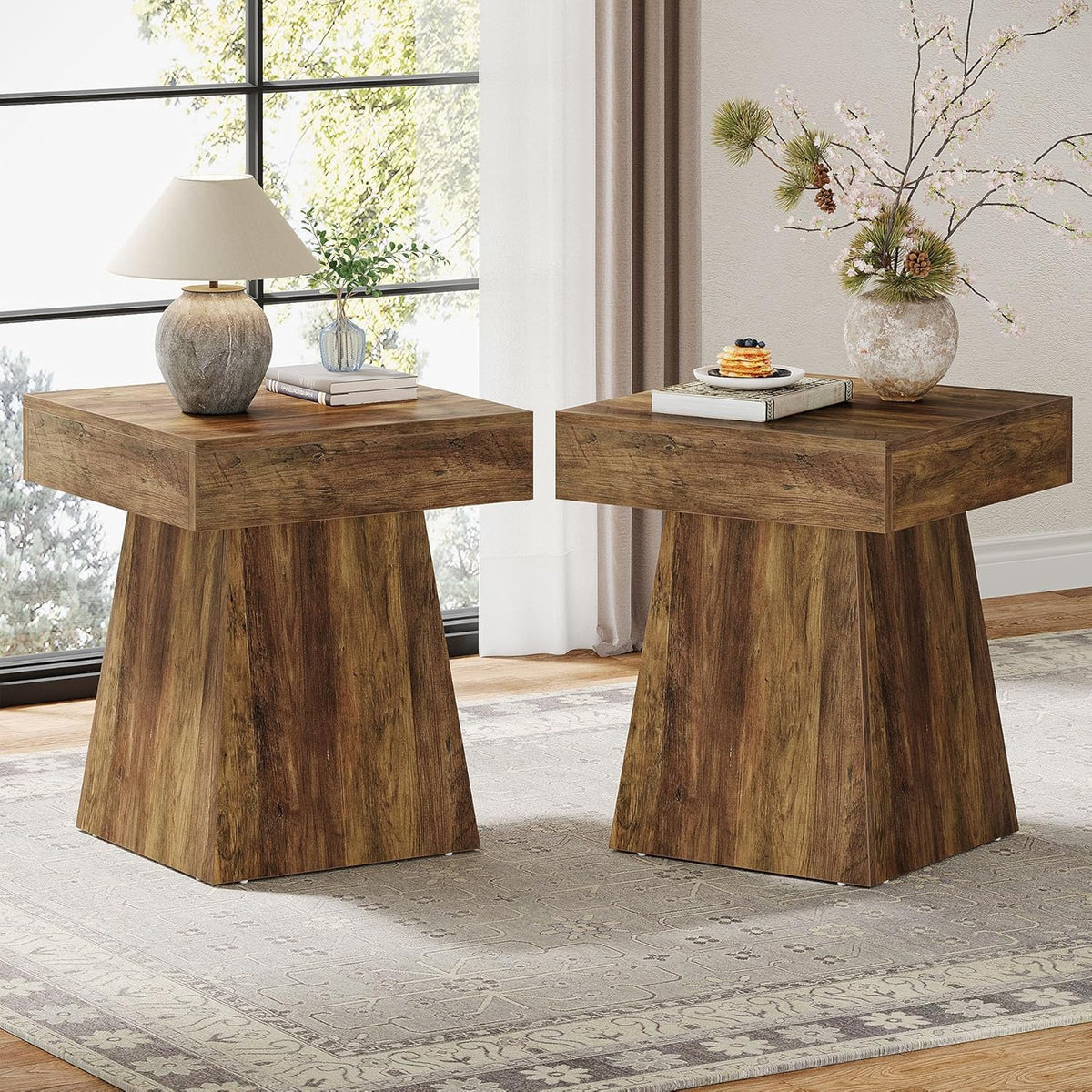 Tribesigns Small End Table, Rustic Square Side Table with Wide Base, Farmhouse Small Nightstand Beside Bed, Next to Armchair, for Living Room, Brown