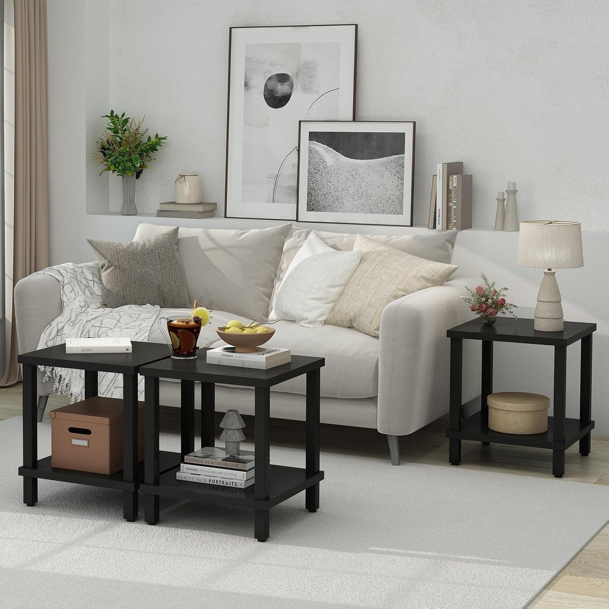 MMEOLUOOK Large End Table Square Side Table Modern Sofa Table 20 Inch Industrial Coffee Table NightStand with 2-Tier Storage Shelf for Living Room Bedroom Black MLBZ06B