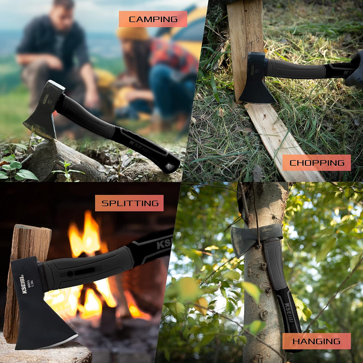KSEIBI Wood Axe, 274151 Small Outdoor Camp Hatchet 14 Inch for Splitting and Kindling Wood, Forged Steel Blade with Anti-Slip and Shock Reduction Fiber Glasses Handle Great Throwing Axes and Hatchets