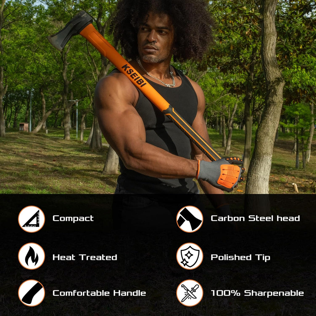KSEIBI 36-Inch Splitting Axe - Forged Carbon Steel, Wood Splitter & Kindling Axe for Chopping, Heavy-Duty Maul with Ergonomic Fiberglass Handle, Shock Reduction, Anti-Slip Grip