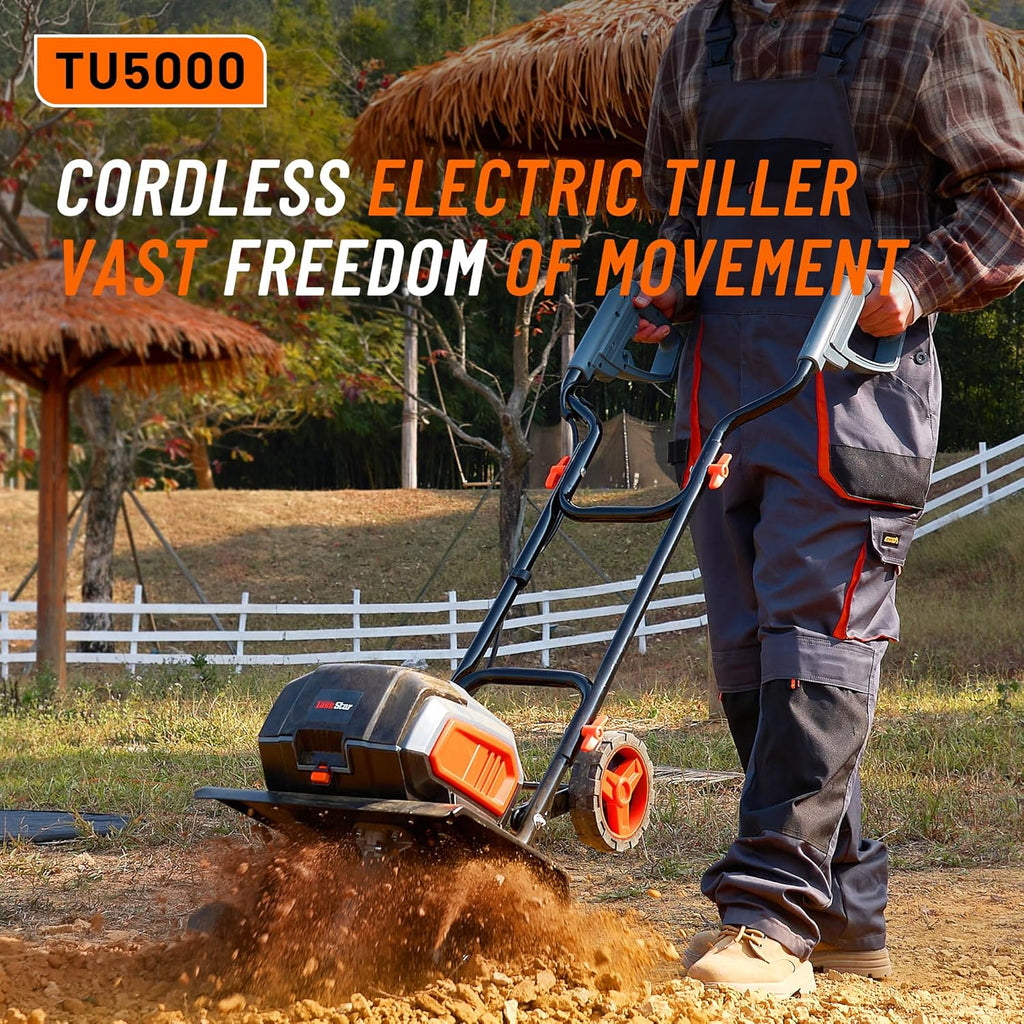 Cordless Electric Tiller Garden Cultivator TaskStar 40V Power Tiller Total 5000mAhx2 Battery Powered Rototiller 14" Width 9"Depth Tiller for Gardening,Dynamical Brushless Motor Enable Smooth Workflow