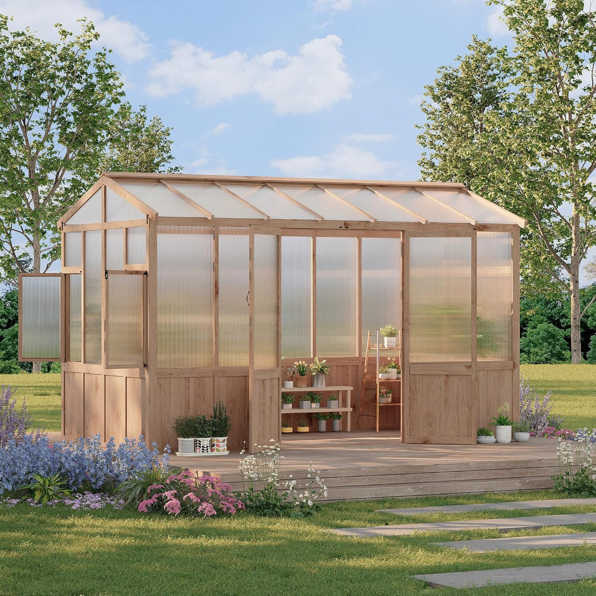 8X12 FT Heavy Duty Wooden Greenhouse for Outdoor - Walk-in Green House Kit with 6mm Polycarbonate, Ventilated Window & Lockable Door for Backyard, Patio, Lawn