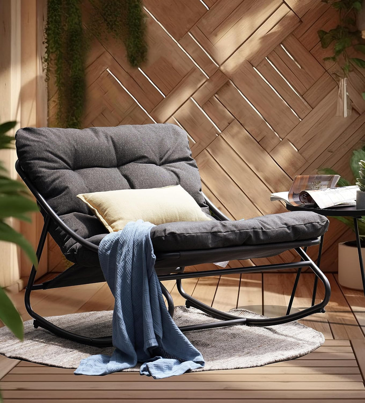 Grand patio Rocking Chair Indoor and Outdoor, Metal Patio Lounge Rocking Chair with Thick Cushion, Comfy Modern Rocker for Living Room Porch Backyard