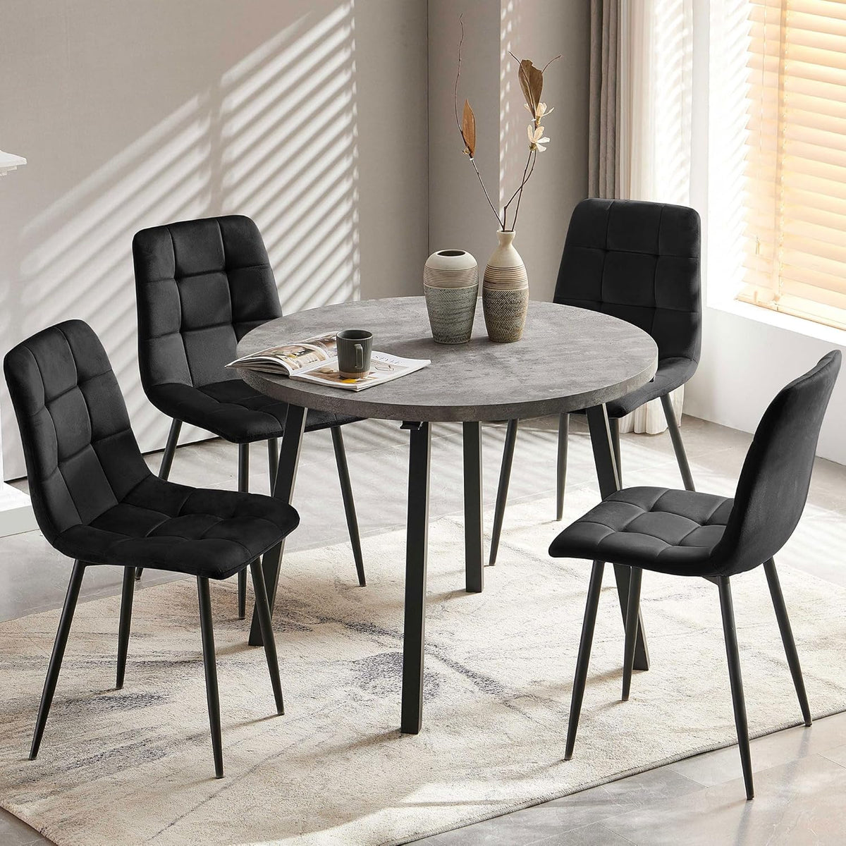 Homedot 5-Piece Round Dining Table Set for 4, 37-Inch Gray Kitchen Table with 4 Seated Black Dining Chairs Set for Apartment/Dining Hall, Compact Breakfast Nook Table Set