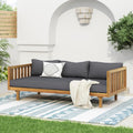 Christopher Knight Home Claremont Outdoor 3 Seater Acacia Wood Daybed with Fabric Water Resistant and Removable Cushions, Patio Garden Sofa with Slat Paneling Armrest and Back, Teak and Dark Grey