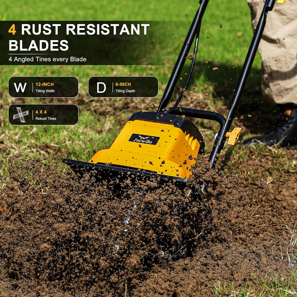 8.5AMP 12Inch Corded Tiller Cultivator 8-inch Depth Rototillers for Gardening, 360RPM Electric Garden Tiller with LT-201D Socket