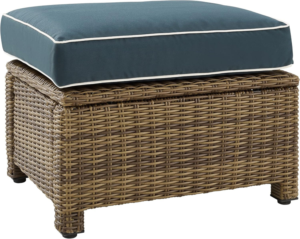 Crosley Furniture Bradenton Wicker Outdoor Ottoman Foot Rest for Patio, Deck, Porch, Brown with Navy Cushions