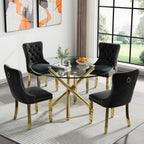 Round Glass Dining Table Set for 4, Small Kitchen Table Set for 4, 47" Circle Gold Glass Dinner Table for 4 with Black Velvet Chairs, 5 Piece Dining Room Table Set for 4 for Breakfast Dinette Cafe