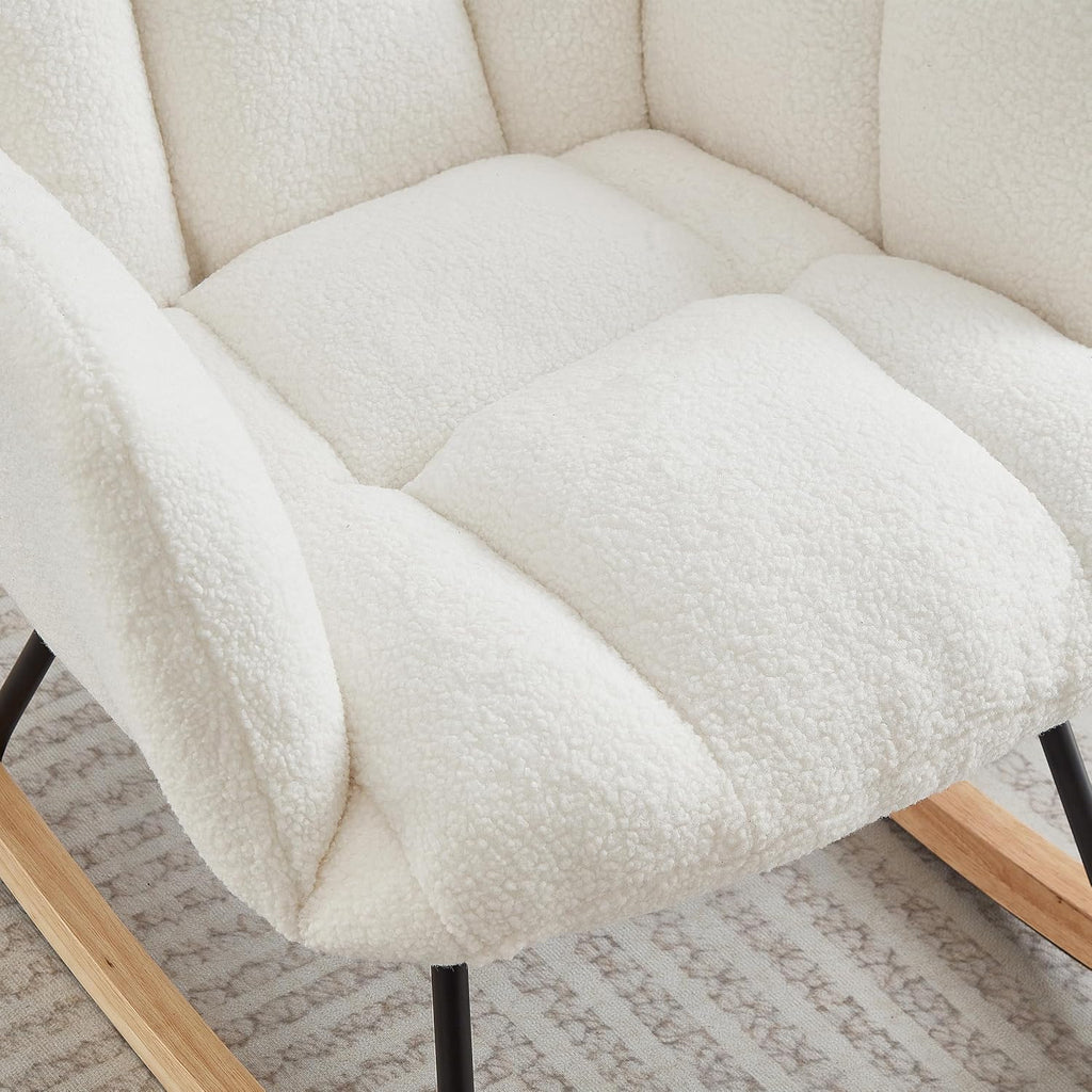 37.2" H Glider Rocking Chair Upholstered with Teddy Fabric, Indoor Rocking Chair with Armrests & Metal Frame (Ivory)