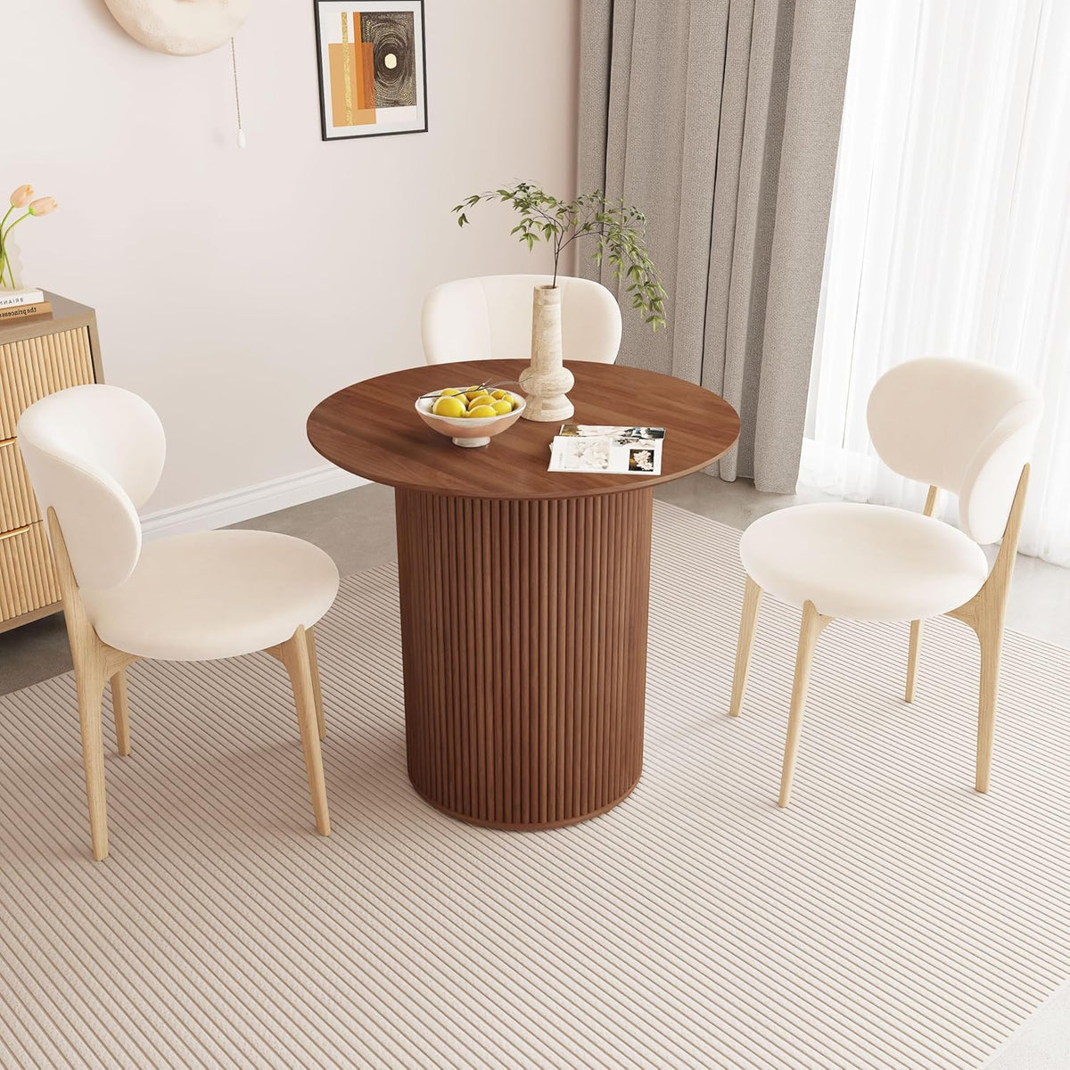 AVZEAR 31.5" Round Dining Table for 2 People, Small Kitchen Dinner Table with Fluted Wood Base, Farmhouse Circle Dining Tables for Home, Kitchen, Dining Room, Living Room (Walnut)