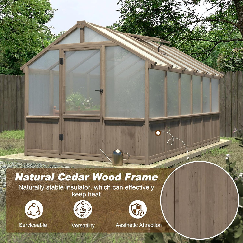 8x12 FT Greenhouse Kit with 6MM Thick Polycarbonate Panel for Outdoor, Wooden Walk-in Green House with Adjustable Roof Vent and Lockable Door, Backyard, Garden, Light Mocha Brown