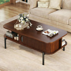 Coffee Table, 39.4" Mid Century Modern Coffee Tables for Living Room, Coffee Table with Storage Open Shelf, Fluted Table with Sliding Cabinet Door, 2-Tier Rustic Wood Desktop, Walnut