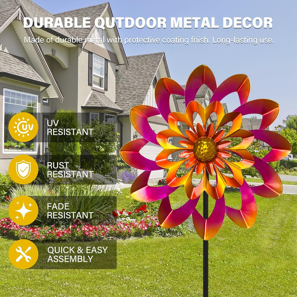 45" Gerbera Wind Spinners for Yard and Garden, Golden Balls Kinetic Wind Spinner Outdoor Decor, Wind Sculpture Yard Art Decorations for Patio, Lawn & Garden