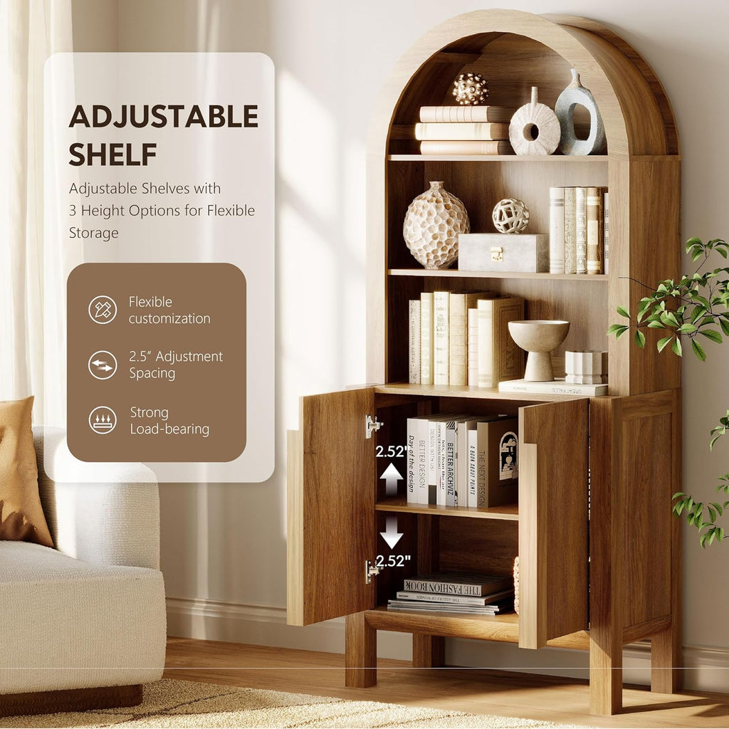 WAMPAT 6 in 1 71" Arched Bookcase with Doors, Walnut