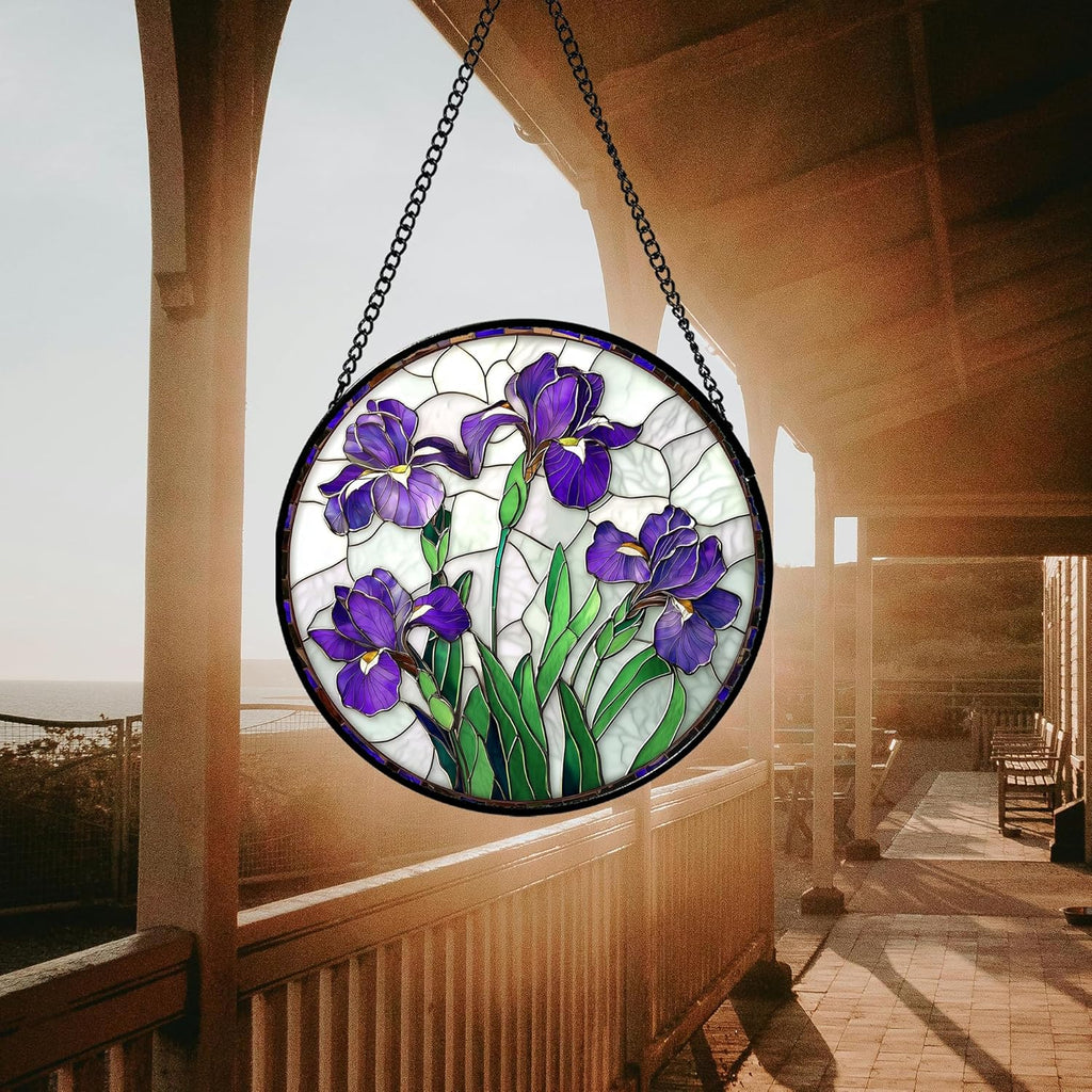 Stained Glass Window Hanging - Purple Iris Flower Sun Catcher for Door Terrace Garden Home Decor, Green Plants Suncatcher Birthday Gifts for Lovers Women Men Dad Mom Nana 11.8 in