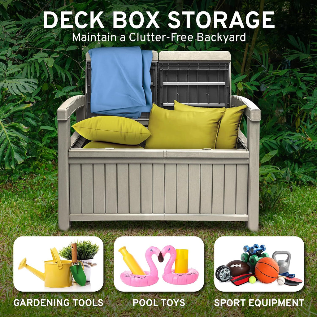 EconoHome 2 Seat Outdoor Storage Bench with Rain Cover - 60 Gallon Capacity - Weatherproof Resin Bench for Patio, Porch, Garden, Yard, Pool Area - Furniture for Pool Accessories, Gardening Tools