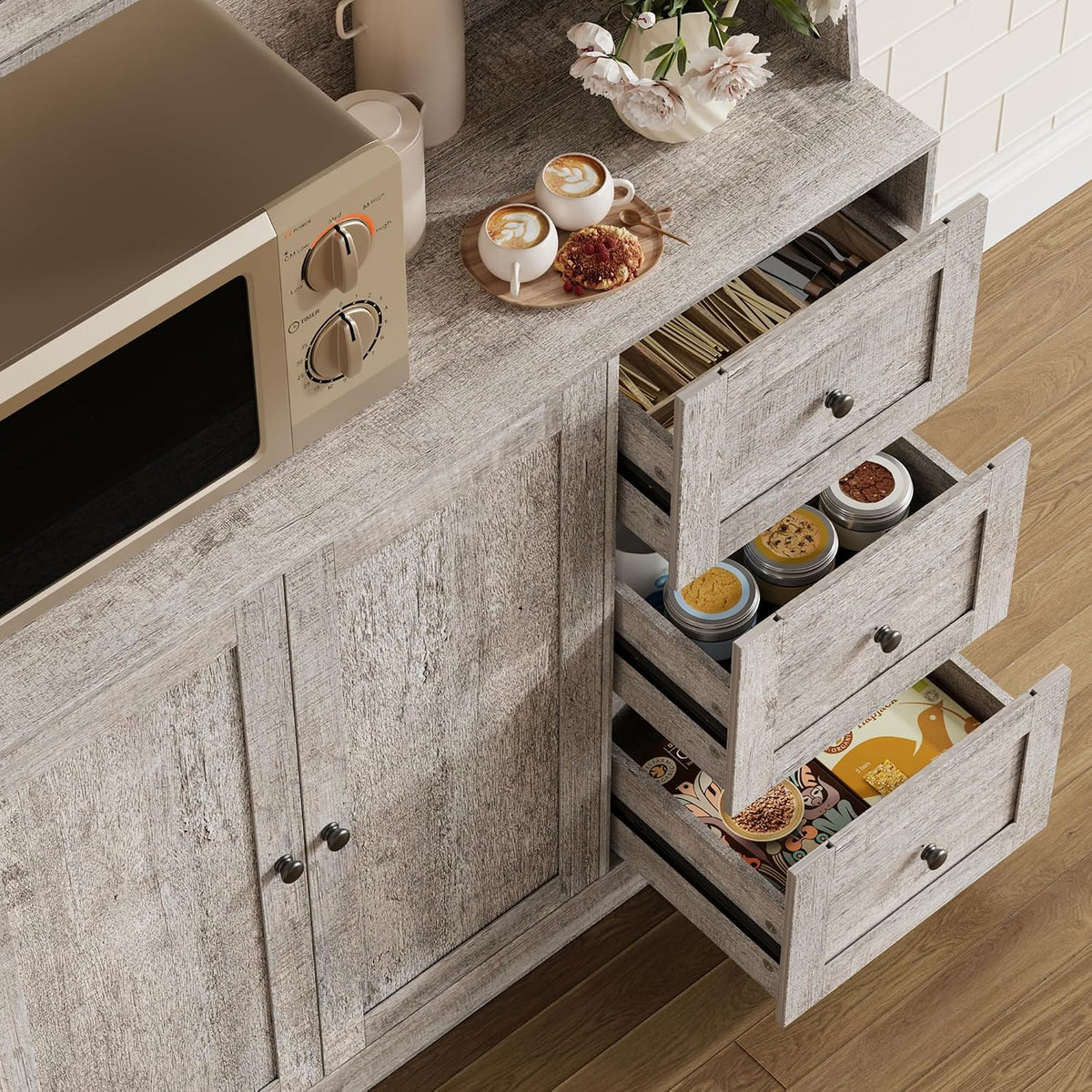 Kitchen Pantry Cabinet with Storage, Buffet Cabinet with Countertop for Microwave Stand, Tall Sideboard Storage Hutch Cabinets with LED, 3 Drawers & Adjustable Shelves for Dining Room, Grey