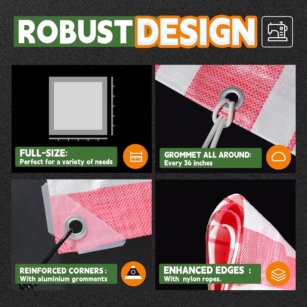RAINDEWAY Tarps 20x30 Feet,12 Mil Sunshade Striped Tarp Waterproof,Multipurpose Poly Tarp Cover with Grommets and Reinforced Edges,Red/White Tarps