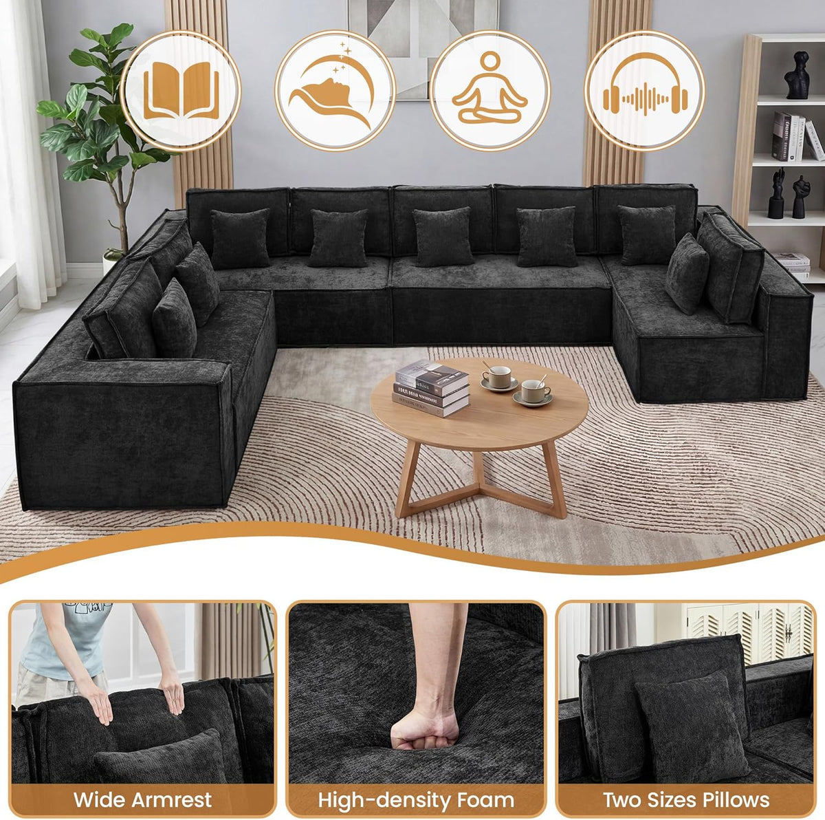 167'' Chenille U Shaped Couch, Oversized Modular Sectional 8 Seater Sofa, Modern Deep Seat Corner Cloud Compressed Couch, No Assembly Sleeper Sofa with Chaise for Living Room, Black