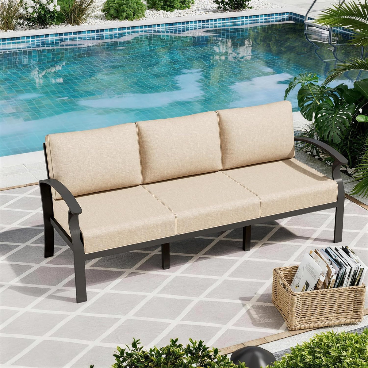 ALAULM Aluminum 3-Seat Patio Furniture Set, Metal Outdoor Furniture Sectional Sofas w/5.1" Cushions for Patio, Backyard, Poolside-Sand