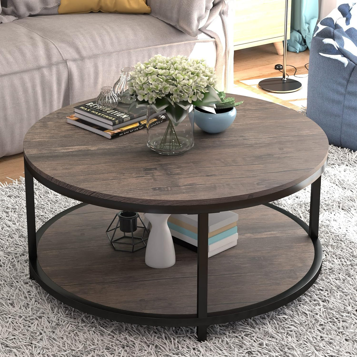 NSdirect Round Coffee Table,36" Coffee Table for Living Room,2-Tier Rustic Wood Desktop with Storage Shelf Modern Design Home Furniture(Light Walnut)