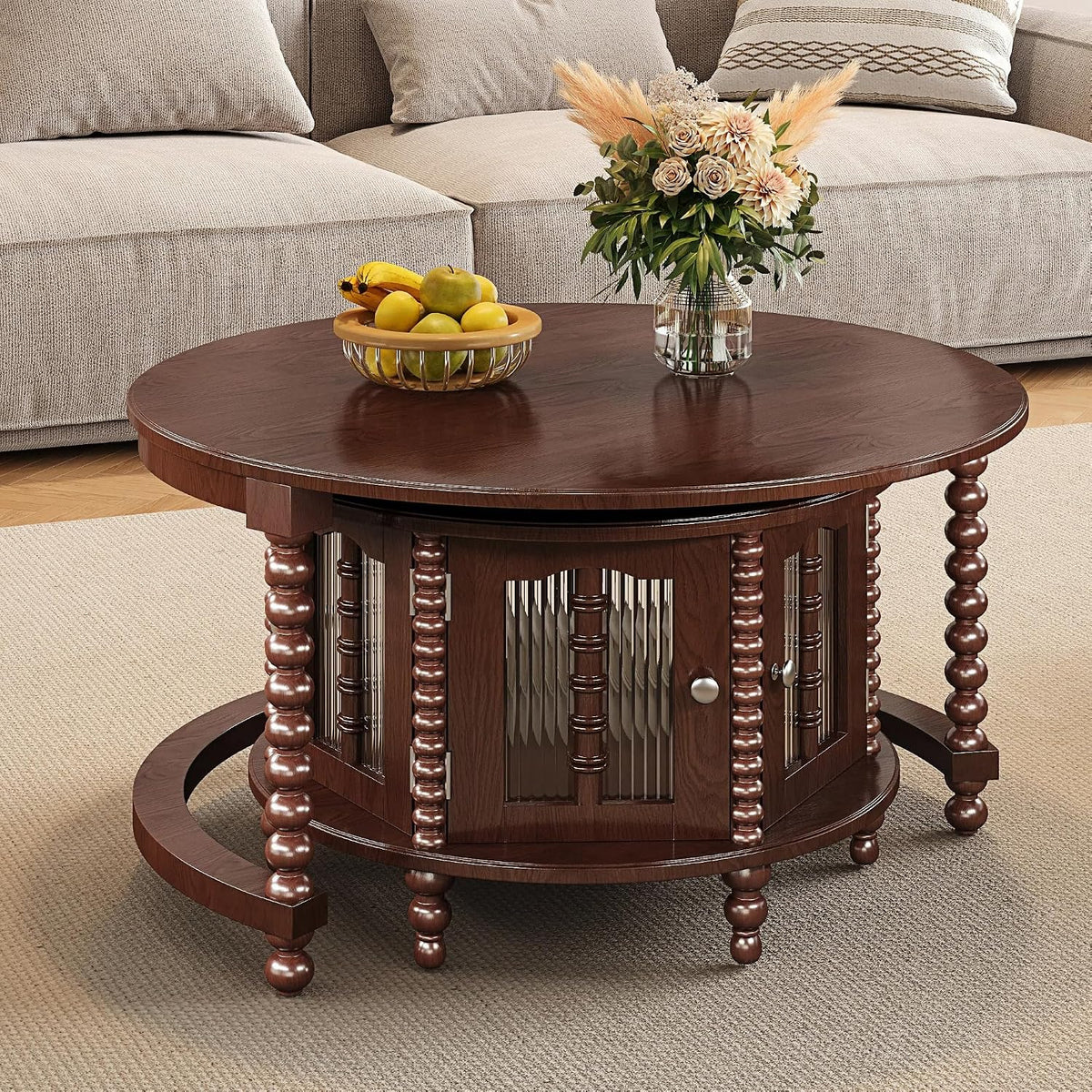 32" Vintage Designed Stacking Nesting Tables, Set of Nesting Tables with Hidden Storage Cabinet, Side Tables with Classic Retro Decor for Indoor Home Spaces, Walnut