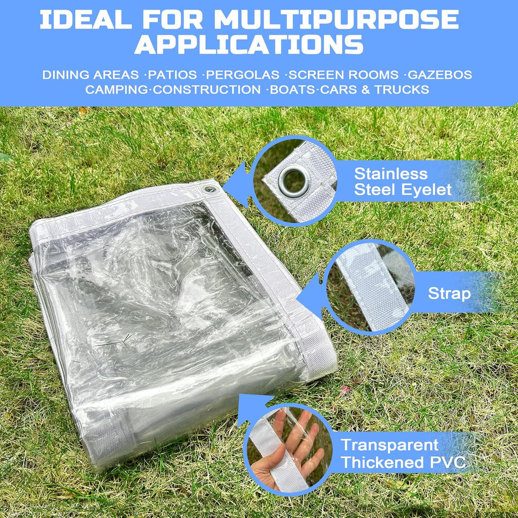 Clear Tarp 8 x12FT, 20 Mil Clear Vinyl Tarp, Small Cover Plastic Sheeting with Grommets, Double-Stitched Reinforced Edges, Heavy Duty Tarps Waterproof and Tearproof