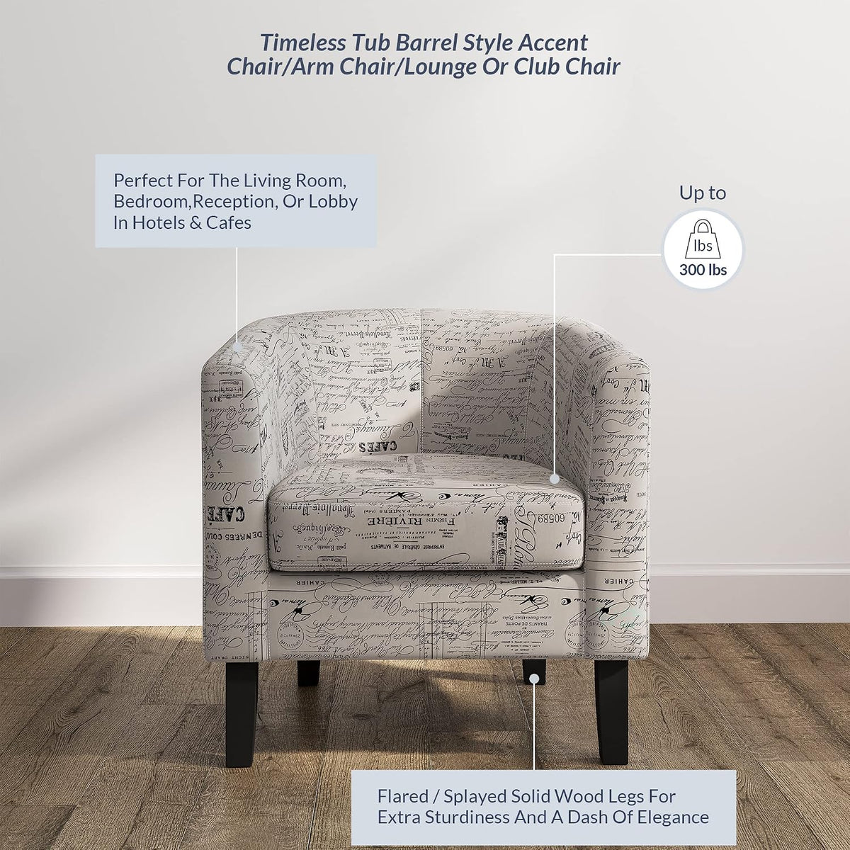 BELLEZE Accent Barrel Chair, Linen Round Chair Club Tub Sofa Corner Chair with Flared Legs and Cozy Soft Padding for Living Room Bedroom Waiting Room - Black & Beige