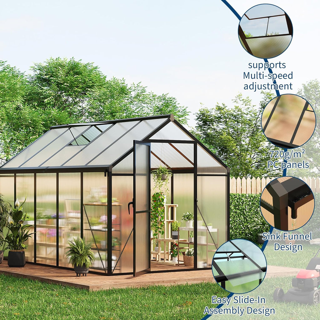 6x10 FT Greenhouse for Outdoors, Polycarbonate Greenhouse with Roof Vent, Ground Nails, Lockable Push Door, Aluminum Large Walk-in Green House for Outside Garden Backyard, Patio, Lawn, Black