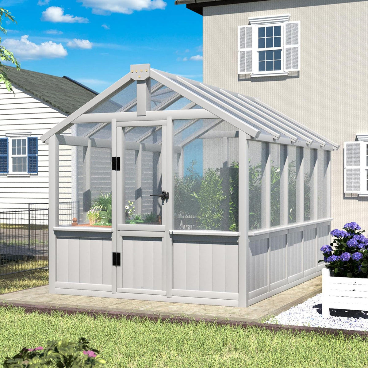 6x10 FT Green House for Outdoor, Thicken Polycarbonate Panel Wooden Walk-in Greenhouse Kit with Lockable Door and Adjustable Roof Vent, Backyard Garden, White