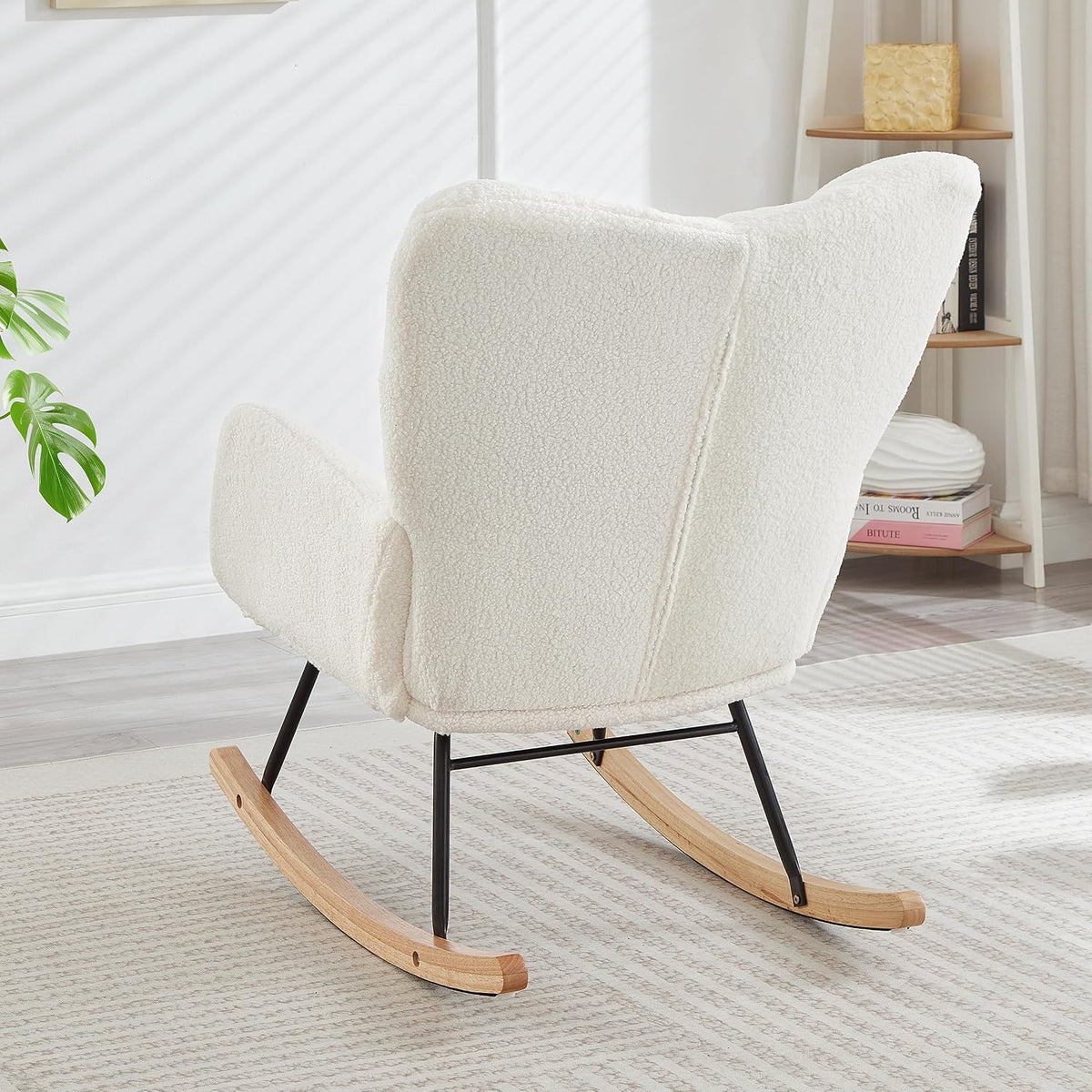 37.2" H Glider Rocking Chair Upholstered with Teddy Fabric, Indoor Rocking Chair with Armrests & Metal Frame (Ivory)