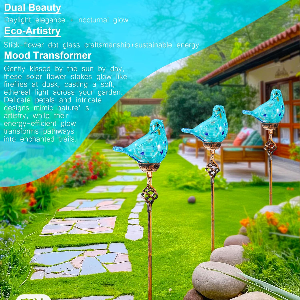 Decorative Solar Lights, Outdoor Solar Bird Stake Lights, Hand Blown Glass Decorative Garden Pathway Lights Outdoor Waterproof Glass Stakes (Light Blue)