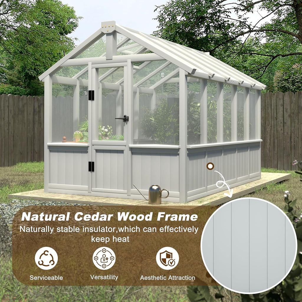 6x10 FT Green House for Outdoor, Thicken Polycarbonate Panel Wooden Walk-in Greenhouse Kit with Lockable Door and Adjustable Roof Vent, Backyard Garden, White