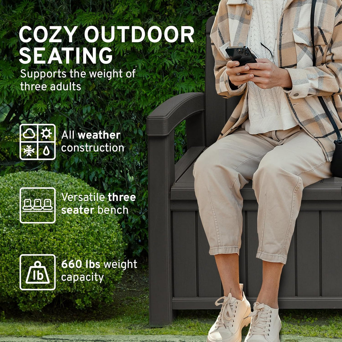 EconoHome 3 Seat Outdoor Storage Bench with Rain Cover - 90 Gallon Capacity - Weatherproof Resin Bench for Patio, Porch, Garden, Yard, Pool Area - Furniture for Pool Accessories, Gardening Tools