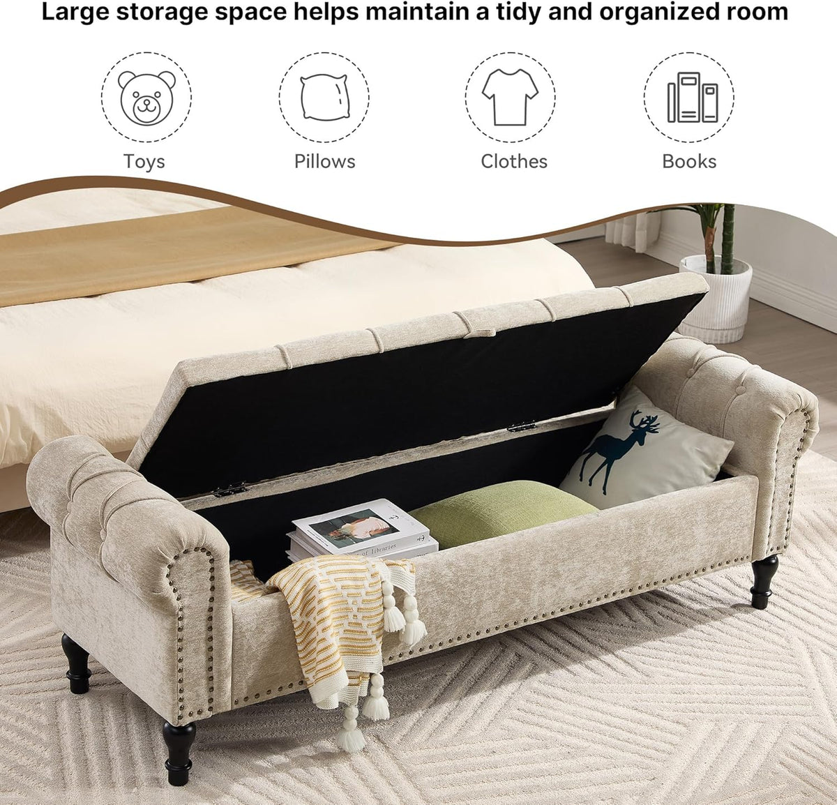 Storage Bed Bench for Bedroom, Chenille 67" End of Bed King Size Benches with Armrest, Tufted Button Upholstered Ottoman Bench for Living Room, Entryway, Khaki