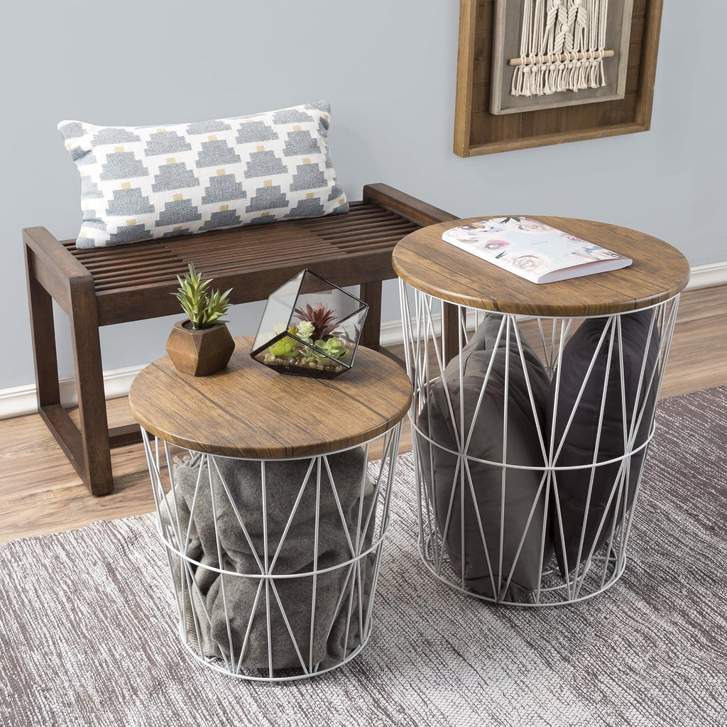 End Tables Set of 2 - Nesting Tables with Removable Wood Tops and Metal Wire Baskets for Blanket Storage - Round Side Furniture for Living Room, Bedroom, or Home Office by Lavish Home (Brown/White)