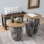 End Tables Set of 2 - Nesting Tables with Removable Wood Tops and Metal Wire Baskets for Blanket Storage - Round Side Furniture for Living Room, Bedroom, or Home Office by Lavish Home (Brown/White)