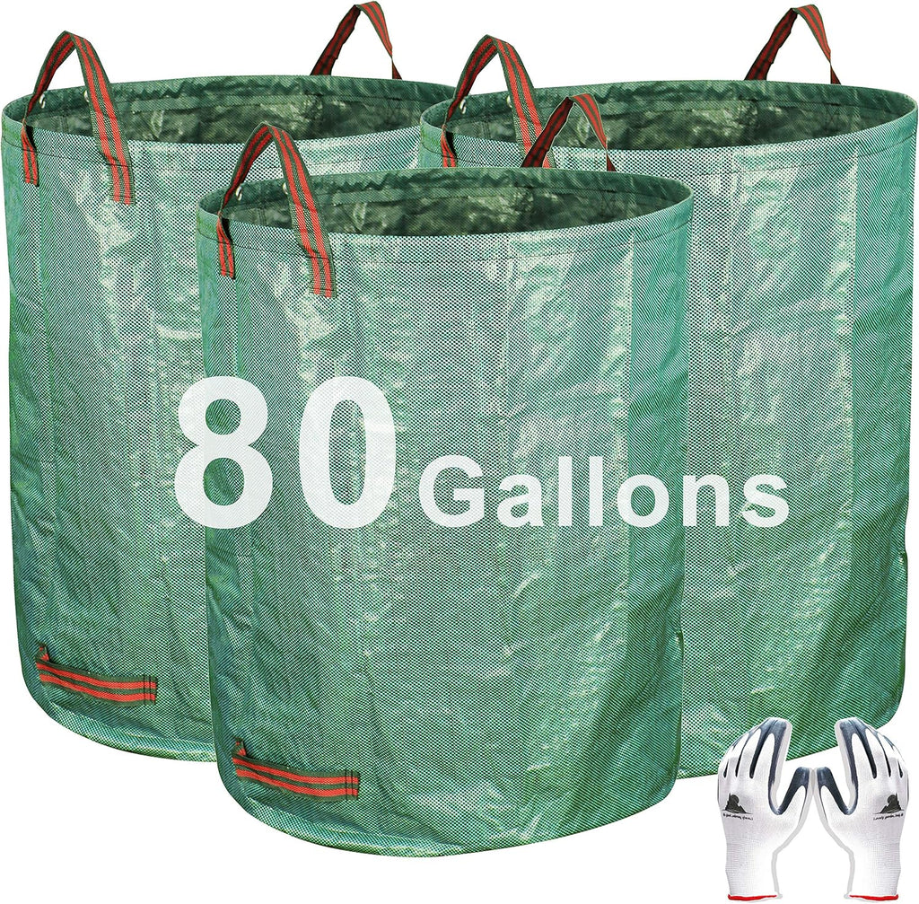 Gardzen 3-Pack 80 Gallon Yard Waste Bags, Reusable Heavy Duty Collapsible Garden Leaf Bags with Plastic Ring, Stand-Up Yard Waste Bin for Leaves, Lawn Debris & Grass Clippings