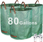 Gardzen 3-Pack 80 Gallon Yard Waste Bags, Reusable Heavy Duty Collapsible Garden Leaf Bags with Plastic Ring, Stand-Up Yard Waste Bin for Leaves, Lawn Debris & Grass Clippings