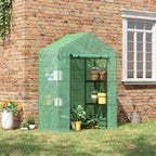 Outsunny 5' x 2.5' x 6.5' Mini Walk-in Greenhouse Kit, Portable Green House with 3 Tier Shelves, Roll-Up Door, and Weatherized PE Cover for Backyard Garden, Green