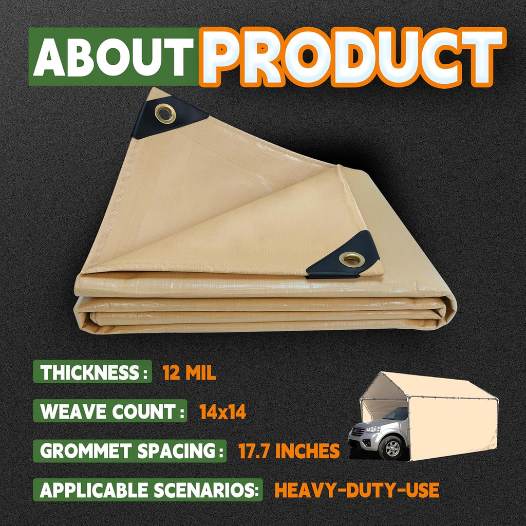 RAINDEWAY 12x12 Feet Heavy Duty Tarp,12 Mil Tan Waterproof Poly Tarp Cover,UV Resistant,Weatherproof,Durable,Multipurpose Tarps with Grommets and Reinforced Edges