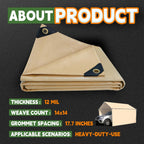 RAINDEWAY 12x12 Feet Heavy Duty Tarp,12 Mil Tan Waterproof Poly Tarp Cover,UV Resistant,Weatherproof,Durable,Multipurpose Tarps with Grommets and Reinforced Edges