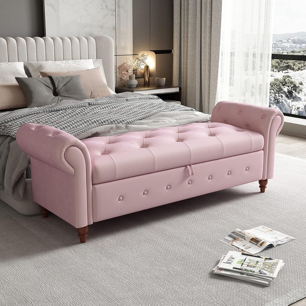 GNIXUU Ottoman with Storage Bench for Bedroom, 63" Velvet Upholstered End of Bed Storage Bench Seat, Rolled Arm Cushioned Ottoman with Wood Legs, Modern Window Chair for Living Room, Entryway, Pink