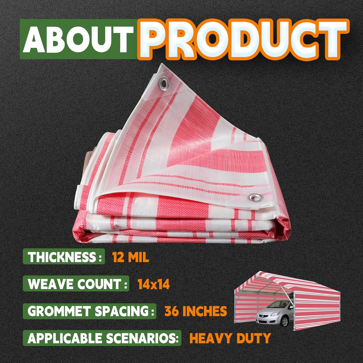 RAINDEWAY Tarps 10x13 Feet,12 Mil Sunshade Striped Tarp Waterproof,Multipurpose Poly Tarp Cover with Grommets and Reinforced Edges,Red/White Tarps