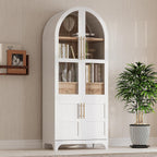 71" Tall Arched Farmhouse Pantry Cabinet with Adjustable Shelves & Glass Door, Spacious Storage Cabinet with Hidden Drawer & Door Racks for Kitchen, Dining Room, Living Room(White)