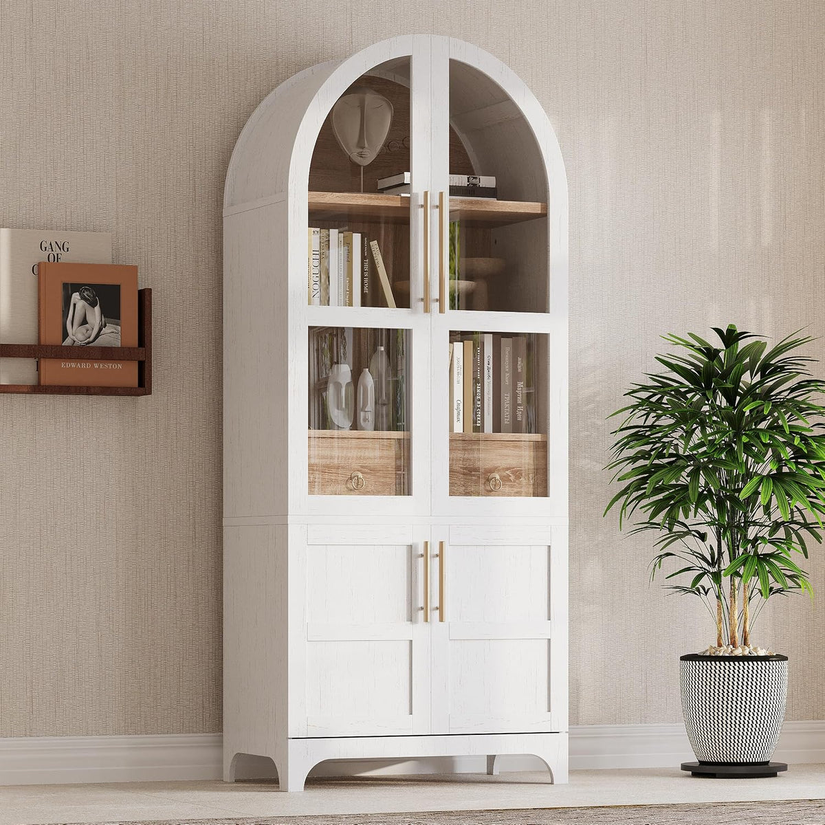 71" Tall Arched Farmhouse Pantry Cabinet with Adjustable Shelves & Glass Door, Spacious Storage Cabinet with Hidden Drawer & Door Racks for Kitchen, Dining Room, Living Room(White)